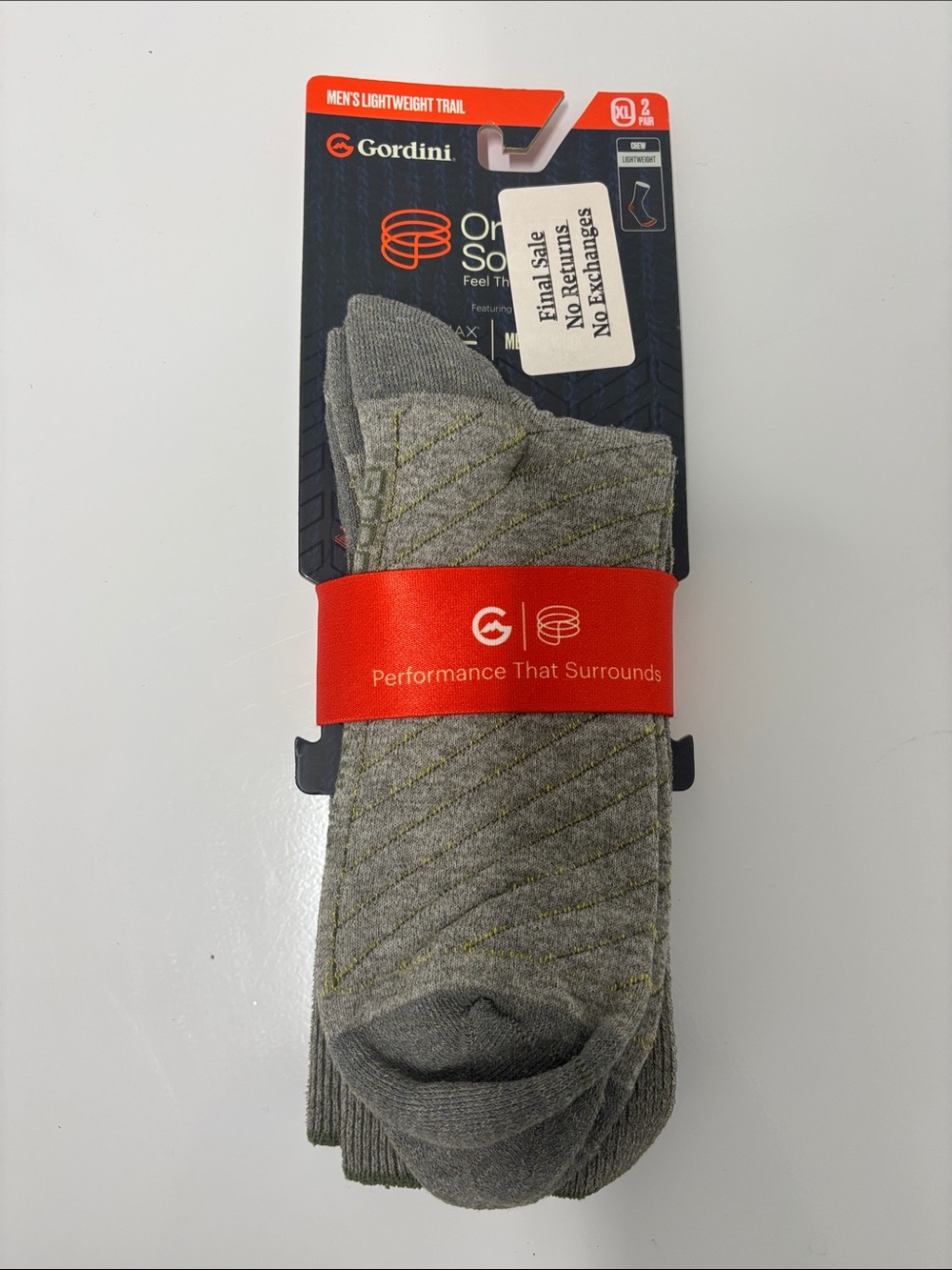 Gordini Men's 2 pair pack lightweight trail crew sock spruce size XL NWT